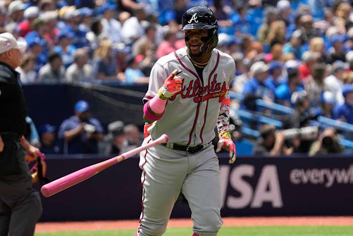 May 14, 2023; Toronto, Ontario, CAN; Atlanta Braves right fielder Ronald Acuna Jr. (13) flips his bat after hitting a solo home run against the Toronto Blue Jays during the first inning at Rogers Centre. Mandatory Credit: John E. Sokolowski-USA TODAY Sports